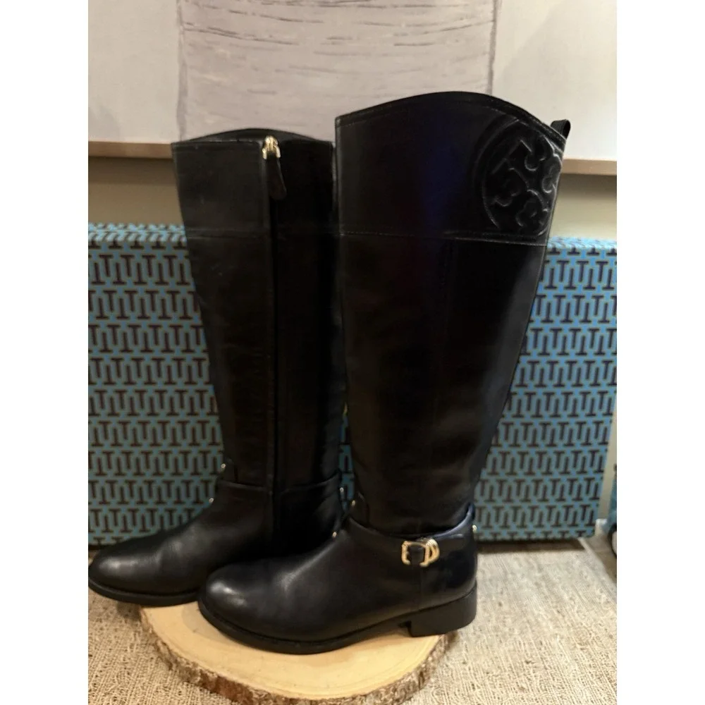 Tory Burch Marlene Black Leather Full‎ Zip Knee High Riding Boots Buckle 8 550$